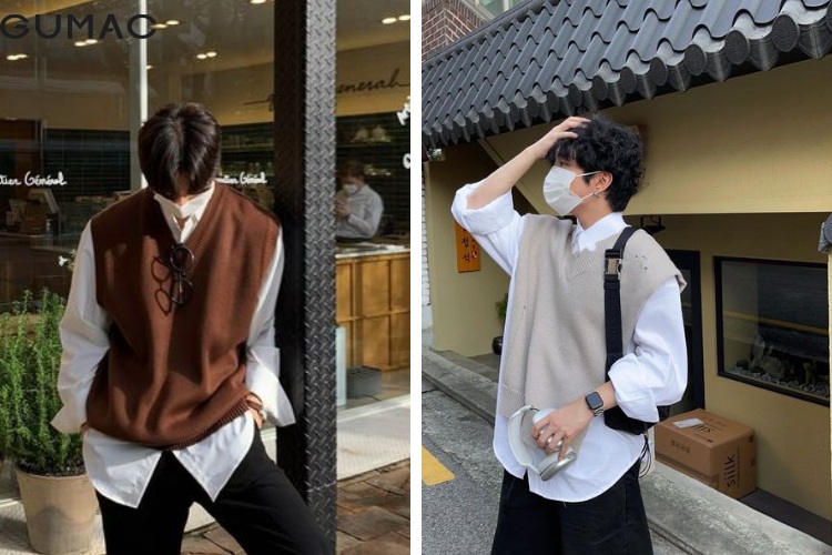 Khoác áo len gile nam bên ngoài chiếc áo sơ mi thanh lịch